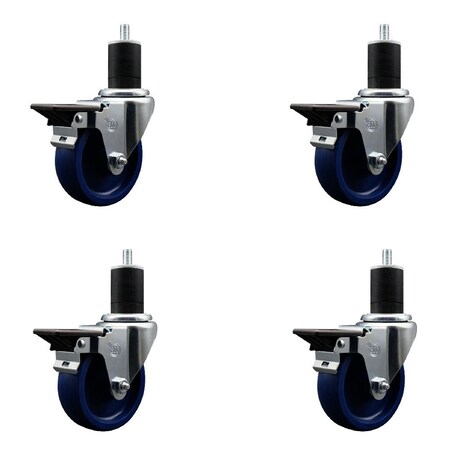 Service Caster 4'' Solid Poly Swivel 1-3/4'' Expanding Stem Caster Set with Brake, 4PK SCC-EX20S414-SPUS-PLB-134-4